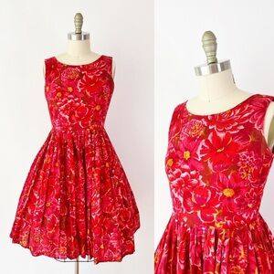 50s Style Sleeveless Fit & Flare Cotton Dress - Red‎ Tropical